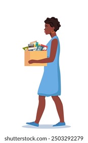 Despido, reemplazo de empleados. Mujer negra infeliz despedida del trabajo, deja el cargo con cosas en la caja. Despido de trabajadores por desempleo. Despidos, crisis. Ilustración vectorial