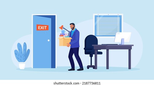 Dismissal, employee replacement. Unhappy man dismissed from job, leave office with stuff in box. Unemployed jobless benefit. Unemployment dismissal of workers. Layoff, crisis, employee job reduction