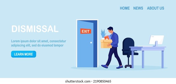 Dismissal, employee replacement. Unhappy man dismissed from job, leave office with stuff in box. Unemployed jobless benefit. Unemployment dismissal of workers. Layoff, crisis, employee job reduction