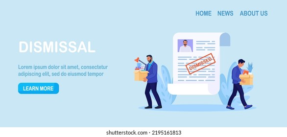 Dismissal, employee replacement. Unhappy man dismissed from job, leave office with stuff in box. CV resume, personal data. Unemployment dismissal of workers. Layoff, crisis, employee job reduction