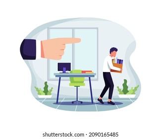 Dismissal Employee Vector Illustration. Fired Sad Male Office Worker Carrying Box, Unemployment And Jobless Concept. Vector In A Flat Style