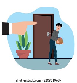 Dismissal Employee Vector Illustration. Fired Sad Male Office Worker Carrying Box, Unemployment And Jobless Concept. Vector In A Flat Style.