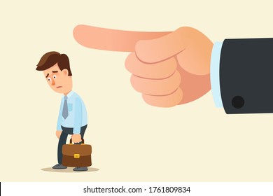 Dismissal of employee. You're fired, gesture. Big hand points finger at the door for fired worker. Disappointed employee leaves office. Vector illustration, flat cartoon style, isolated background.