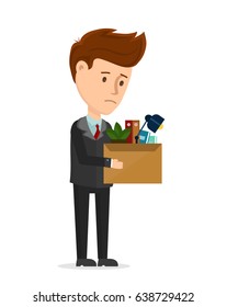 Dismissal Frustrated Concept. Business Man Is Fired From The Office Stay With Box. Vector Cartoon Modern Trendy Flat Character Illustration Icon Design. You Are Fired, Employee Job Reduction, Crisis