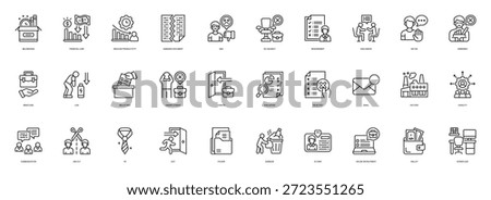 Dismissal line style icon set. Containing Belongings, Financial Loss, Reduced Productivity, Damaged Document