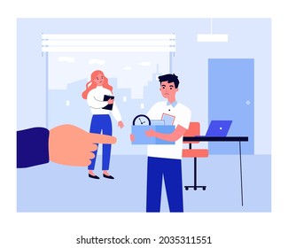 Dismissal of office worker flat vector illustration..Cartoon huge boss hand indicating exit of upset employee holding box with his belongings. Failure, job loss, career, stress, business concept