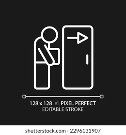 Dismissal pixel perfect white linear icon for dark theme. Fired employee. Work loss. Jobless person. Staff reduction. Thin line illustration. Isolated symbol for night mode. Editable stroke