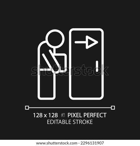 Dismissal pixel perfect white linear icon for dark theme. Fired employee. Work loss. Jobless person. Staff reduction. Thin line illustration. Isolated symbol for night mode. Editable stroke