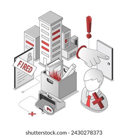 Dismissal - red and black line isometric illustration. Unpleasant situation and troubles at work idea. Collect things and leave the workplace. Unemployment, economic crisis concept