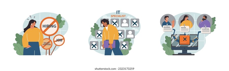 Dismissal of IT specialists set. Mass layoffs of internet technolgy employee due to financial crisis. Overheated labor market. Flat vector illustration