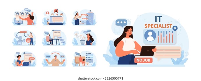 Dismissal of IT specialists set. Mass layoffs of internet technolgy employee due to financial crisis. Overheated labor market. Flat vector illustration