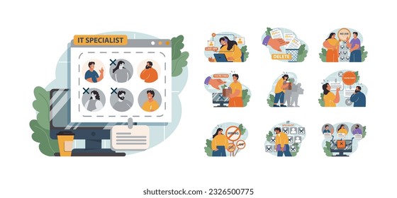 Dismissal of IT specialists set. Mass layoffs of internet technolgy employee due to financial crisis. Overheated labor market. Flat vector illustration