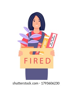 Dismissal from work. Frustrated young woman holding a box with her belongings. Female character who lost his job. Layoff, unemployment, job cuts concept. Cute vector illustration. 