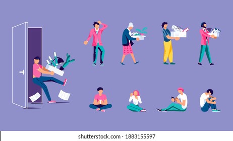 Dismissed business peole isolated set. Man and woman characters holding box with things. Unemployment, crisis and jobless vector illustration.