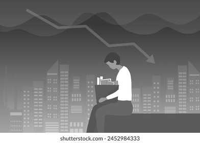 Dismissed depressed businessman holding a box. He was fired from job.  Unemployment, economic crisis, economic downturn, jobless, lay off concept after covid-19 pandemic outbreak vector illustration 