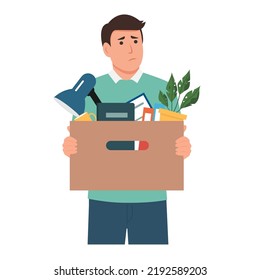 Dismissed employee holding belongings box. Unemployment, crisis, jobless and employee job reduction concept vector design.