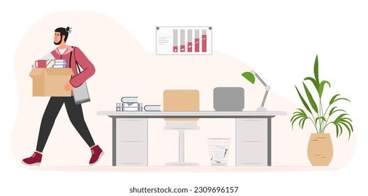 Dismissed employee holding belongings box. Unemployment, crisis, jobless and employee job reduction concept. Sad man quits her job. Dismissal. People. Office. Female worker fired. Vector illustration