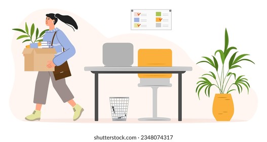 Dismissed employee holding belongings box. Unemployment, crisis, jobless and employee job reduction concept. Sad girl quits her job. Dismissal. People. Office. Female worker fired. Vector illustration