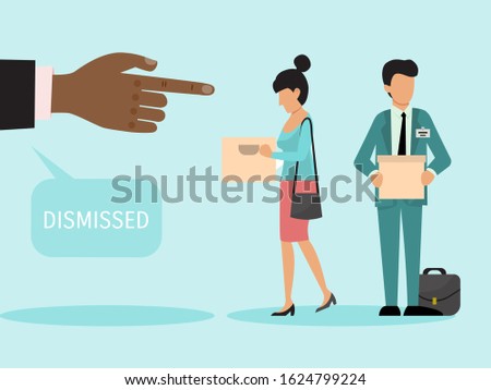 Dismissed employees with boxes vector illustration. Fired man and woman leave work. Dismiss frustrated business person holding a box with his things.