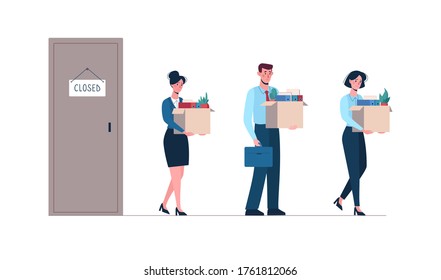 Dismissed employees leave the closed enterprise. Vector illustration of job loss. Men and women with boxes in their hands became victims of unemployment, fired. Isolated on a white background, flat