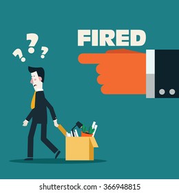 Dismissed frustrated business man carrying box with her things. Angry boss firing employee. Unemployment, crisis, jobless and employee job reduction concept vector design. 