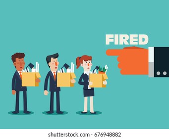 Dismissed Frustrated Business Person Holding A Box With His Things. Angry Boss Firing Employee. Unemployment, Crisis, Jobless And Employee Job Reduction Concept Vector Design