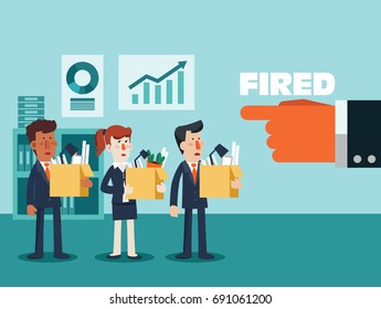 Dismissed frustrated business person holding a box with his things. Angry boss firing employee. Unemployment, crisis, jobless and employee job reduction concept vector design