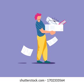Dismissed frustrated man carrying box with her things. Unemployment and jobless or job reduction metaphor. Isolated on purple. Flat Art Vector Illustration