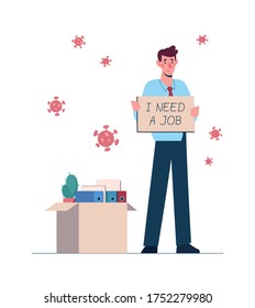 Dismissed man looking for work. Job loss due to the coronavirus covid-19 pandemic. Worker with a tablet in hands I need work. Near a box with things from the office. bacteria and viruses, flat vector