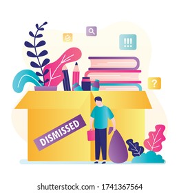 Despedido trabajador. Gran caja con cosas y desempleados desempleados. Desempleados, desdichados personajes masculinos. Concepto de crisis financiera global. Reducción del personal, despidos, optimización.Ilustración de vectores planos de moda