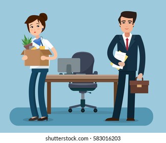 Dismissed office worker with box with office things. Fired from job. New employee with suitcase. Flat style vector illustration.