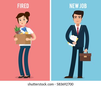 Dismissed office worker with box with office things. Fired from job. New employee with suitcase. Flat style vector illustration.