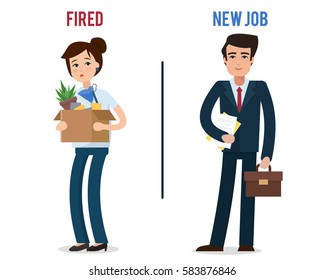Dismissed office worker with box with office things. Fired from job. New employee with suitcase. Flat style vector illustration.