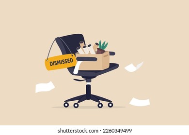 Dismissed staff, lay off or unemployed employee, losing job or being fired, retired staff, quit or resign from job position concept, office chair with package and dismissal sign.