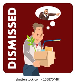 Dismissed Upset Character with Stuff Box Boss Yell. Unhappy Employee Fired for Bad Work at Office. Angry Mad Employer Shout. Jobless Depressed Man. Flat Vector Cartoon Illustration
