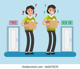 Dismissed Woman. Fired From Job. New Job. Box With Office Things. Flat Style Vector Illustration.