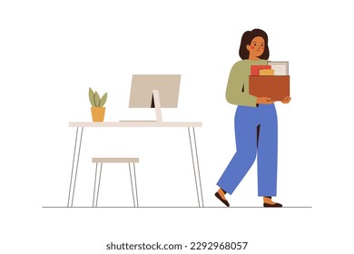 Dismissed woman holds box and leaving her workplace. Quitting female employee going out from office with personal things.Reduction of staff and resign concept. Vector illustration