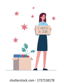 Dismissed woman looking for work. Job loss due to the coronavirus covid-19 pandemic. Worker with a tablet in hands I need work. Near a box with things from the office. Viruses, vector flat, isolated