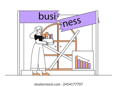 Dismissed worker with closed business. Sad woman with box of things. Economical depression and recession. Bankrupt entrepreneurship. Simple flat vector illustration isolated on white background