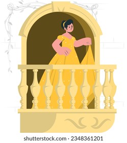 Disney princess stands in castle balcony wears yellow dress holds her dress vector svg