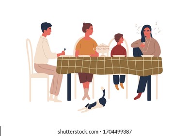 Disobedience teen girl listen music in earphones during family dinner vector flat illustration. Annoyed cartoon parents and little brother berate teenage female isolated on white. Conflict behavior