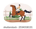 Disobedient bolting horse rearing. Bad equine behavior, problem. Female rider and runaway stallion. Equestrian riding uncontrolled steed. Flat vector illustration isolated on white background