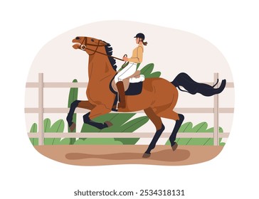 Disobedient bolting horse rearing. Bad equine behavior, problem. Female rider and runaway stallion. Equestrian riding uncontrolled steed. Flat vector illustration isolated on white background