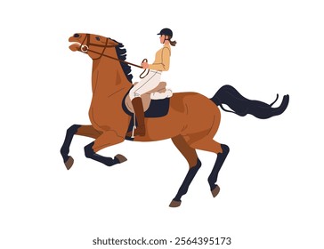 Disobedient horse, bolting and rearing during riding. Bad equine behavior, disobedience and equestrian problem. Holding unruly stallion. Flat vector illustration isolated on white background