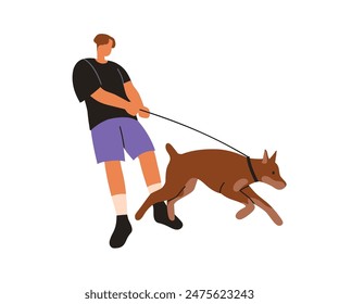 Ungehorsamer ungezogener Hund, der an der Leine zieht. Mann läuft schelmisch Hund. Schlechtes Verhalten der Hunde. Haustierbesitzer Problem mit Welpen Ungehorsam. Flache Vektorillustration isoliert auf weißem Hintergrund