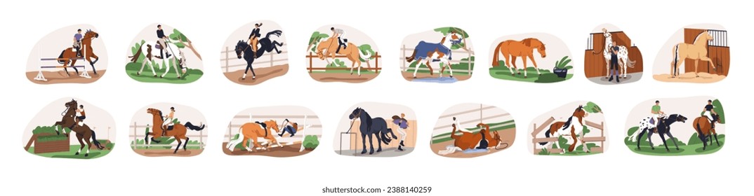 Disobedient naughty horses set. Bad dangerous behavior, disobedience. Problem stallions misbehave, resist. Stubborn aggressive steeds. Flat graphic vector illustrations isolated on white background