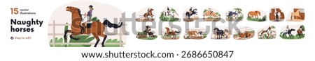 Disobedient, naughty horses set. Problem stallions misbehave, resist. Bad dangerous behavior, disobedience. Stubborn, aggressive steeds. Flat graphic vector illustrations isolated on white background