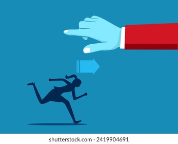 Disobeying orders. Businesswoman goes opposite with a big hand pointing