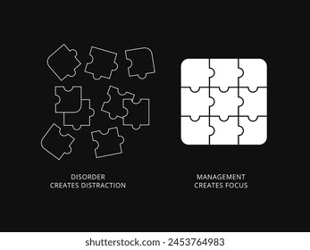 The Disorder and the complete puzzle. Vector Illustration