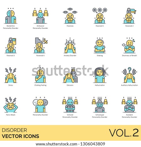 Disorder icons including borderline, antisocial, paranoia, anxiety, shaking, shortness of breath, stress, choking, delusion, auditory hallucination, panic attack, schizoid, schizotypal, avoidant.